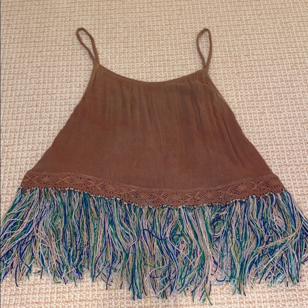 Beige top with multicolored fringe bottom